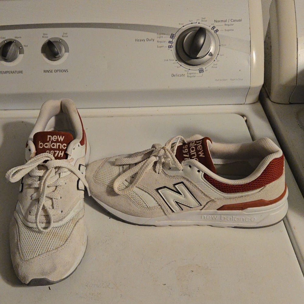 New Balance Cream and Red Athletic Shoes